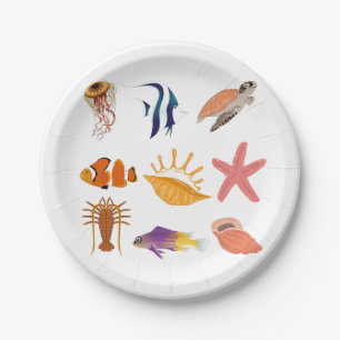 Marine animals: fish, turtle, seashell, jellyfish, paper plate