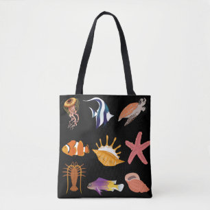 Marine animals: fish, turtle, seashell, jellyfish, tote bag