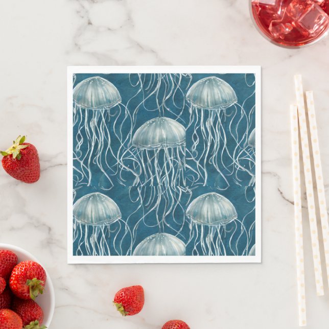 Marine Blue and White Jelly Fish Pattern Napkin (Insitu)