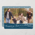 Marine Blue Geo Script | Hanukkah Photo Holiday Card<br><div class="desc">Share Hanukkah greetings with friends and family with our elegant and modern Hanukkah photo card,  featuring your favourite photo with overlapping bands of deep marine blue and "Happy Hanukkah" in modern handwritten style typography. Personalise with your family name or custom greeting.</div>