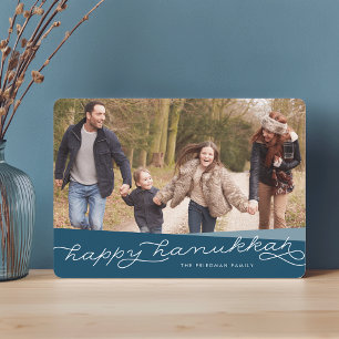 Marine Blue Geo Script   Hanukkah Photo Holiday Card