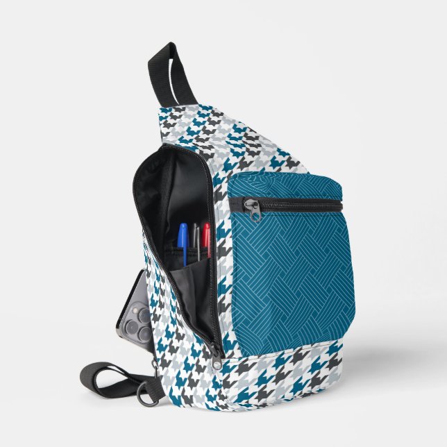 MARINE BLUE LIGHT & DARK GRAY HERRINGBONE & WEAVE SLING BAG (Open)