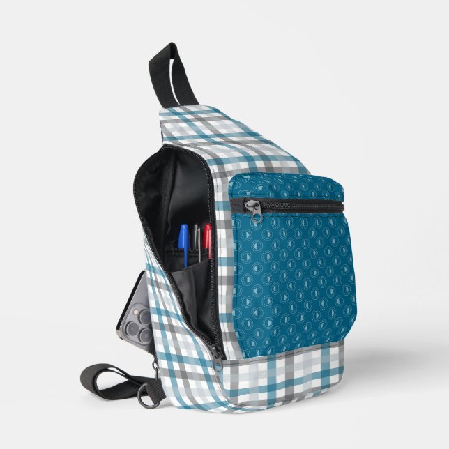 MARINE BLUE LIGHT & DARK GRAY PLAID PATTERNS SLING BAG (Open)