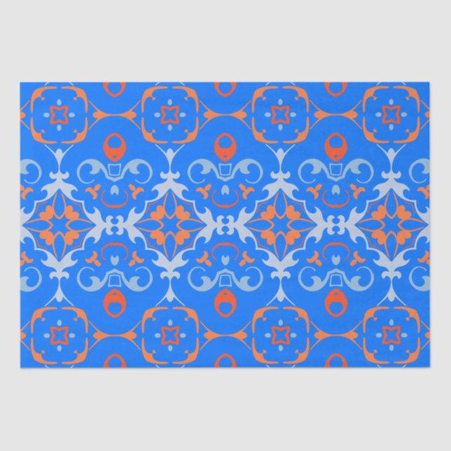 Marine Blue Orange Ethnic Boho Damask Pattern Tissue Paper (Front)
