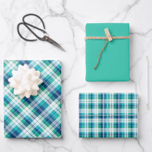 Marine Blue, Seafoam Mist, Teal... Tartan Plaid Wrapping Paper Sheet