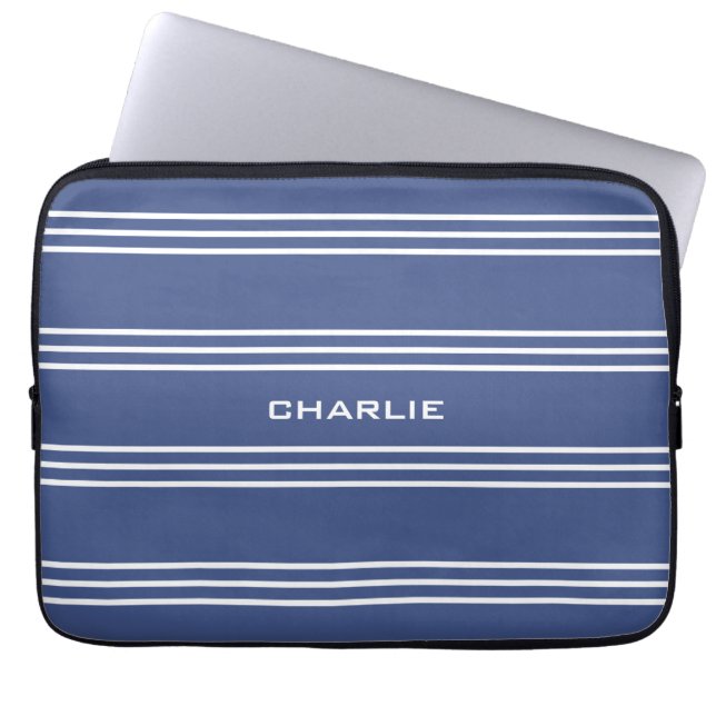 Marine Blue Stripes custom monogram laptop sleeves (Front)