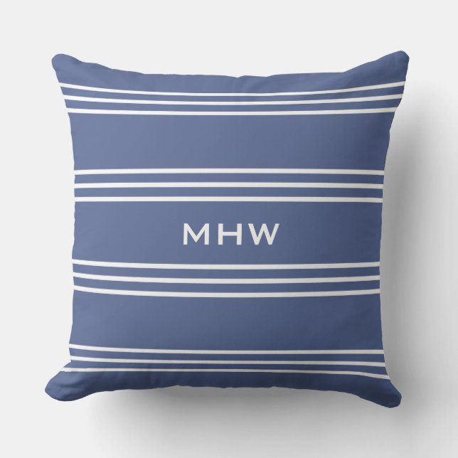 Marine Blue Stripes custom monogram throw pillows (Front)