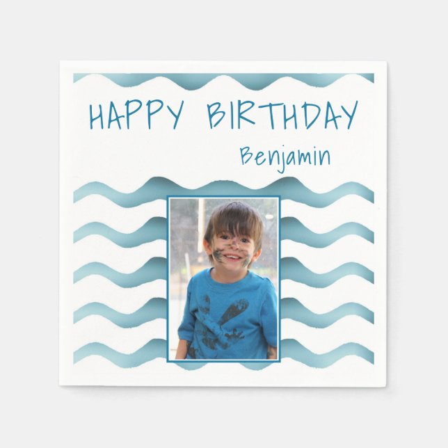 Marine Blue Waves Kids Birthday Photo Napkin (Front)