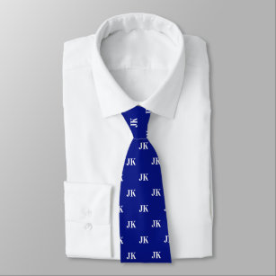 Marine Blue White Monogram Initials Pattern Tie