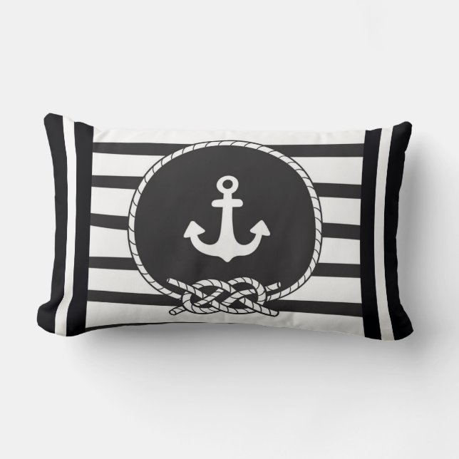 Marine Blue White Stripe Anchor and Figure 8 Knot  Lumbar Cushion (Front)