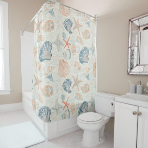 Marine Botanical Seashell Blue Coral Peach Pattern Shower Curtain