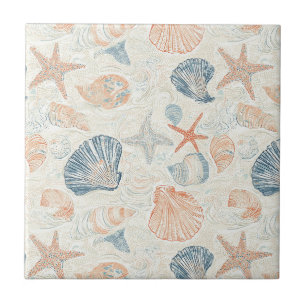 Marine Botanical Seashell Blue Coral Peach Pattern Tile