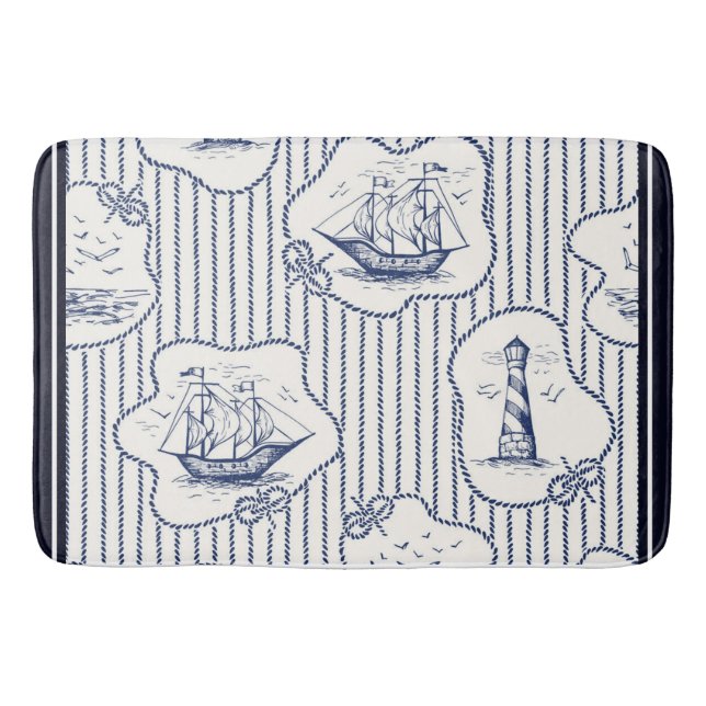 Marine Elements Blue White Lighthouse Ship  Bath Mat (Front)