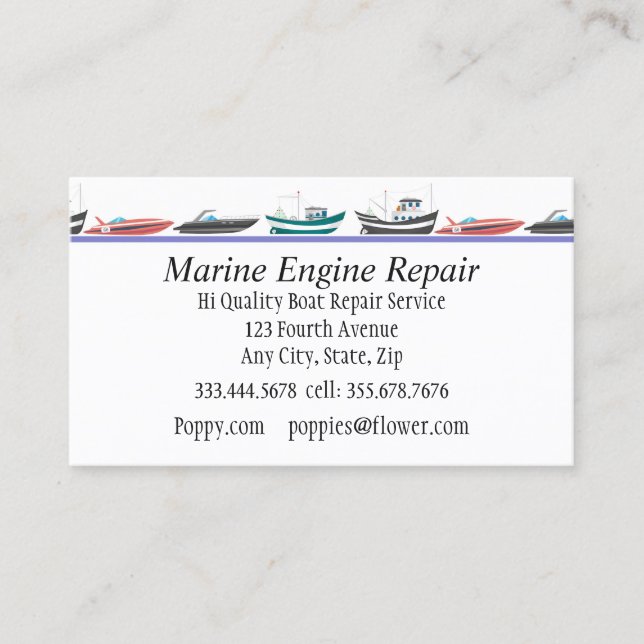 Marine Engine Boat Motor Repair Service Business C Card (Front)