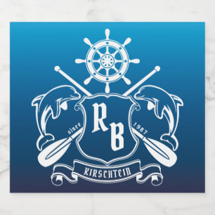 Marine Insignia Dolphins Helm Oars Shield Nautical Beer Bottle Label