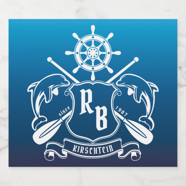 Marine Insignia Dolphins Helm Oars Shield Nautical Beer Bottle Label (Single Label)