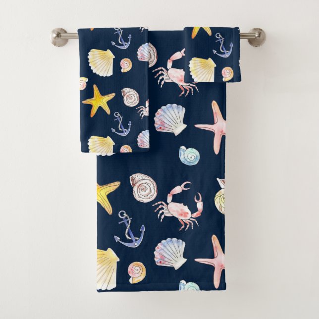 Marine Life & Anchors (Dark) Bath Towel Set (Insitu)