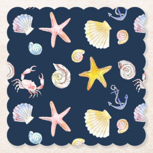 Marine Life & Anchors (Dark) Paper Coaster