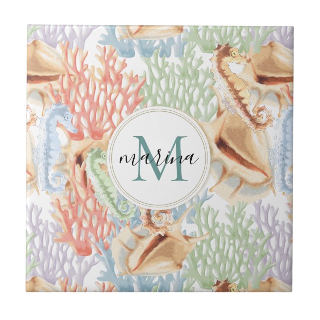 Marine Life, Colourful Underwater Monogram Tile (Front)