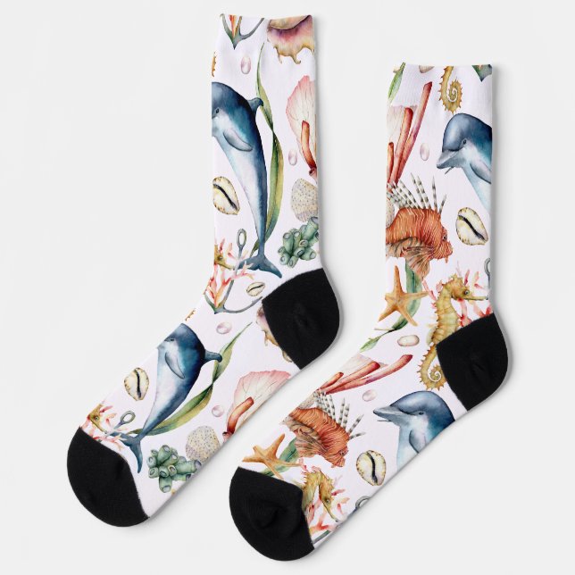 Marine Life Dolphins Seahorses Beach Pattern White Socks (Left)