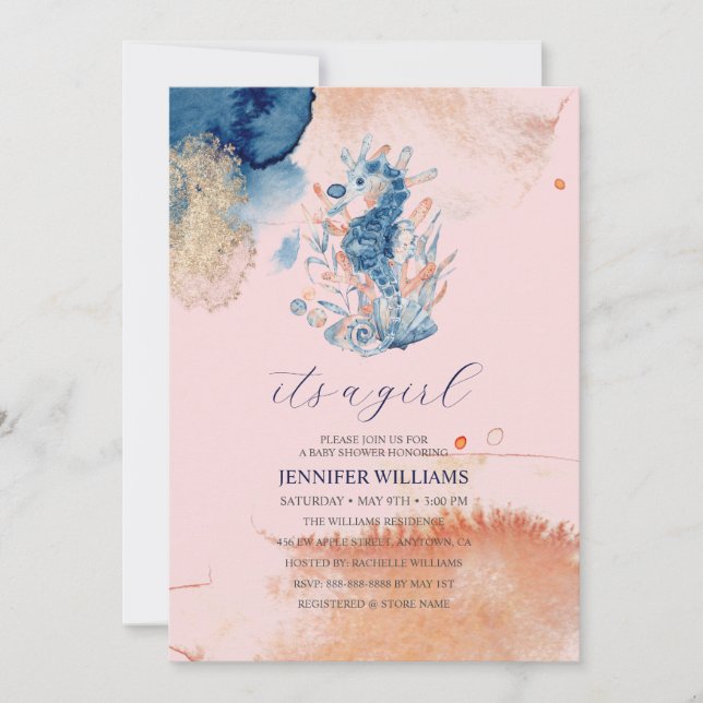 Marine Life | It's a Girl Seahorse Baby Shower Invitation (Front)
