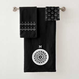 Marine Nautical Anchor compas Bathroom black white Bath Towel Set