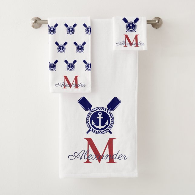 Marine Nautical Anchor Paddles Bathroom Red Blue   Bath Towel Set (Insitu)