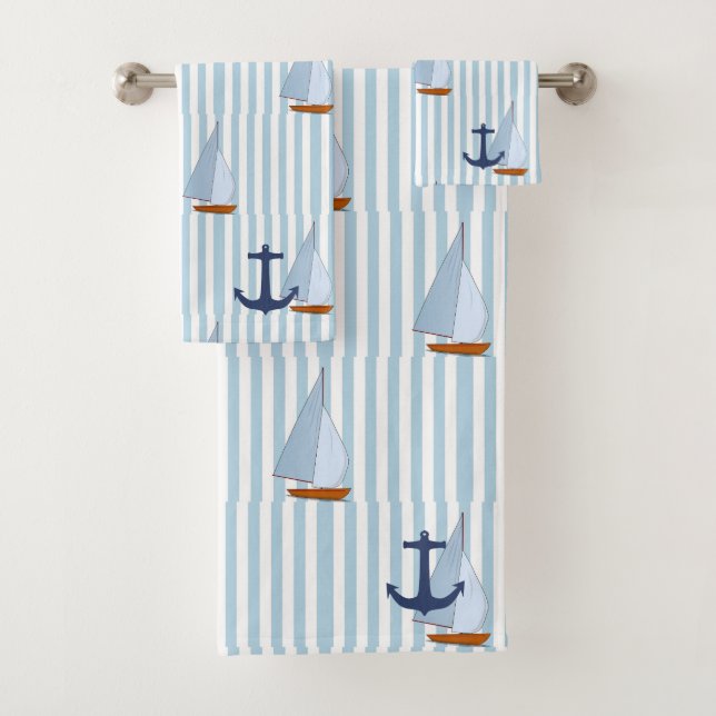Marine Nautical Sailing Ship White and Blue Stripe Bath Towel Set (Insitu)