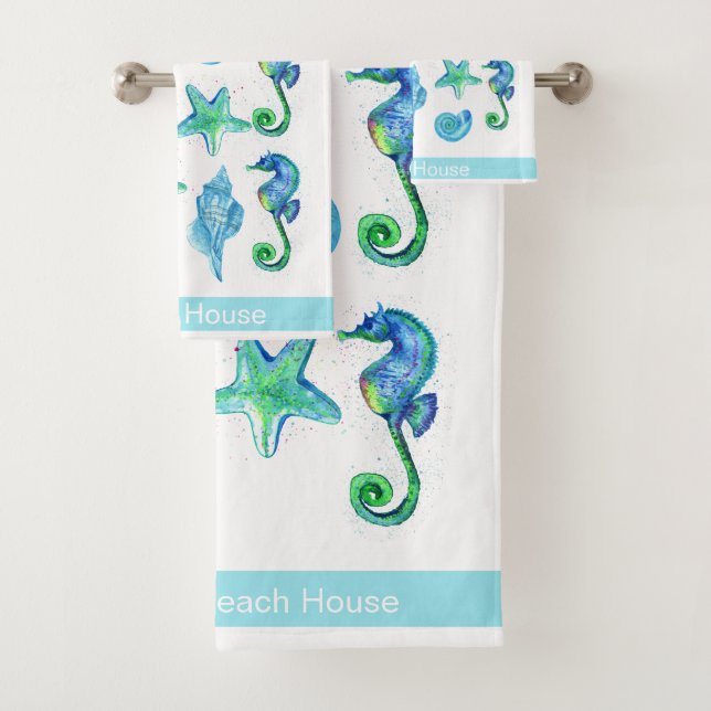 Marine Nautical Seahorse Custom Teal Aqua & White Bath Towel Set (Insitu)