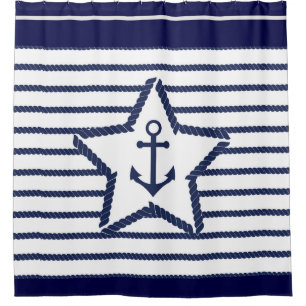 Marine Pattern Blue White Sea and Nautical Anchor  Shower Curtain