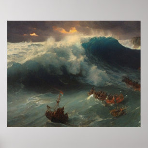 Marine People in lifeboats at Sea with a big storm Poster