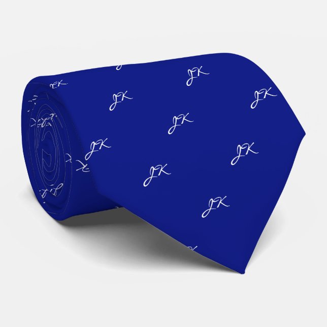 Marine Royal Blue Script Pattern Monogram Tie (Rolled)