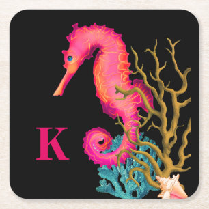 Marine Seahorse Pink Chic  Square Paper Coaster