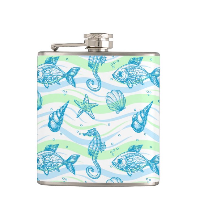 Marine Sketch Pattern Hip Flask (Front)