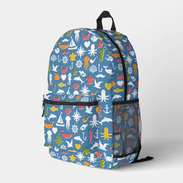 Marine Symbols Pattern Printed Backpack (Back Corner Right)