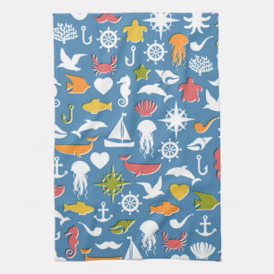 Marine Symbols Pattern Tea Towel
