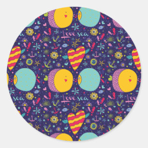 Marine Theme Anchor Fish Starfish Seahorse Classic Round Sticker