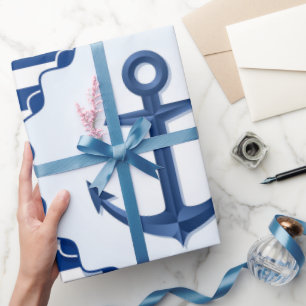 Marine Theme Blue and White Stripe with Anchor Wrapping Paper