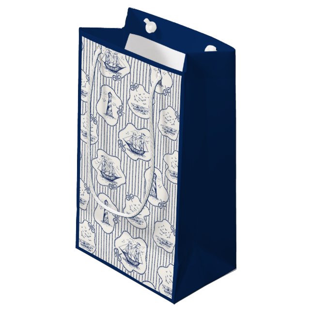  Marine Theme Blue White Stripe Lighthouse Ship   Small Gift Bag (Front Angled)