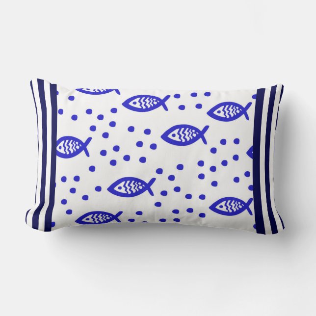 Marine Theme Nautical Elements Fish Stripe Bubbles Lumbar Cushion (Front)