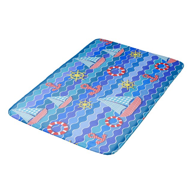  Marine Wave Red Blue Anchor Boat Sail Ship Wheel  Bath Mat (Angled)