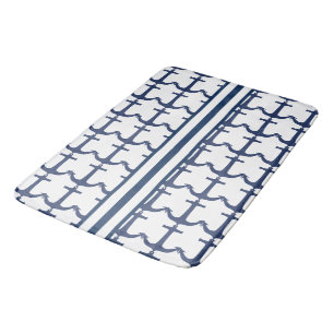 Marine White Blue Nautical Anchor stripe Bath Mat
