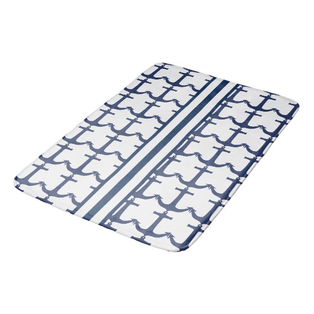 Marine White Blue Nautical Anchor stripe Bath Mat (Angled)