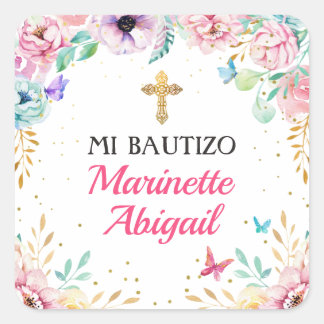Mariposas Chicas del bautismo y flores rosas Square Sticker
