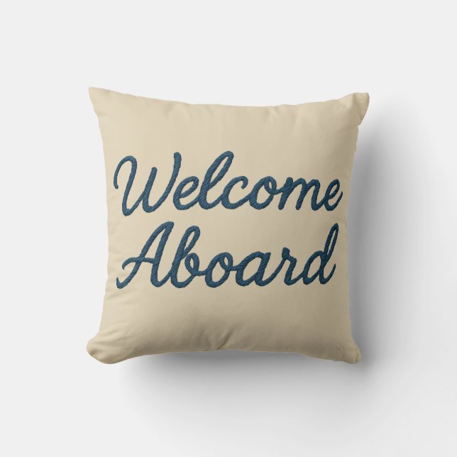 Maritime beige & Navy Blue Script welcome aboard Cushion (Front)
