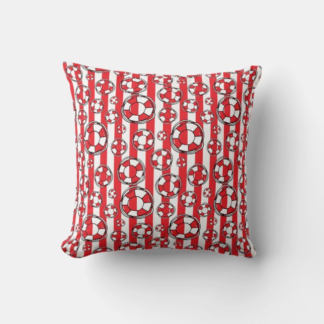 Maritime Red and White Stripes Lifebelts Patterned Cushion (Front)