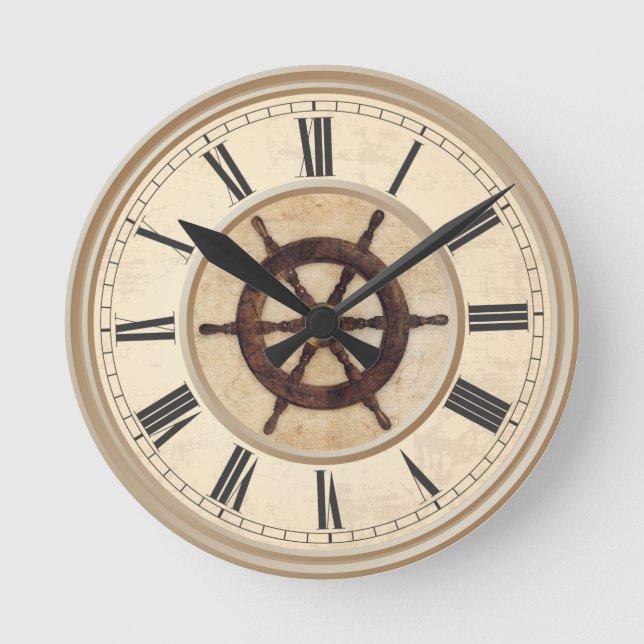 Maritime Vintage Wood Helm  Round Clock (Front)