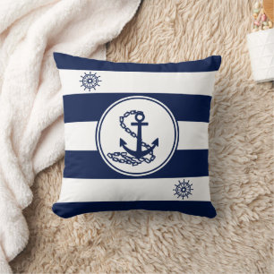 Maritime White and Blue, Anchor and Ship's Wheel Cushion