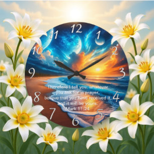 Mark 11:24 Cross Sunset Ocean Calm Large Clock