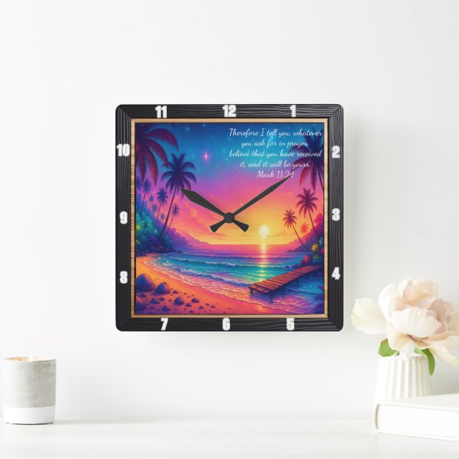 Mark 11:24 Vibrant Sunset Verse Beach Square Wall Clock (Home)